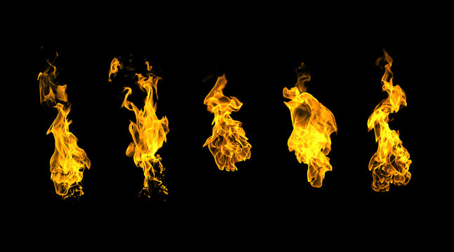Realistic orange flames isolated against a black background. The details of the burning flames are intricate, with dynamic movement and glowing heat.