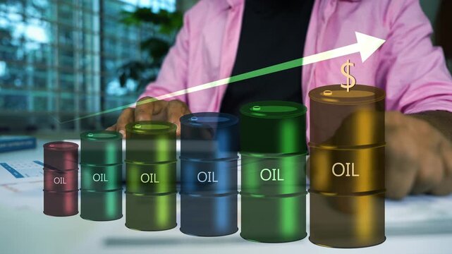 Oil drum container holographic graph bar on office table with a businessman working a calculator, Oil container graph bar arrow