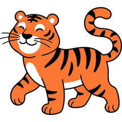 Obraz premium A smiling tiger cartoon character walks forward with a playful expression.