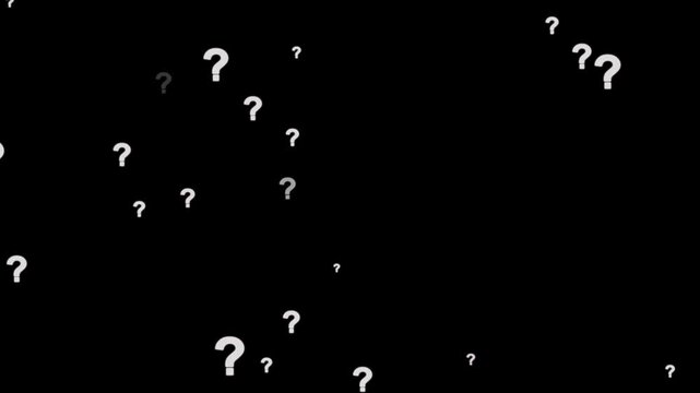 Animation of a lot of white question mark moving on black screen background motion graphic effects. Question mark in motion pattern animation.Question mark sign animation. White question marks falling