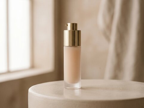 Luxury Foundation Bottle with Gold Pump Dispenser on a Marble Surface, Soft Natural Light