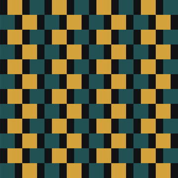 Seamless pattern created from gold, and emerald green squares edged with small black rectangles