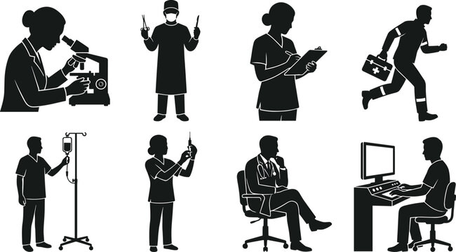 Vector medical professional silhouette set featuring healthcare workers, doctors, nurses, surgeons, and paramedics in clinical laboratory and emergency concepts