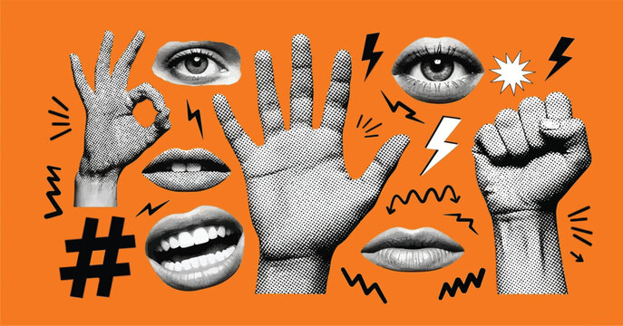 Art & IllustrHalftone style collage with hand signals human features and abstract symbols on orange background halftone abstract background expression communication artistic elements creative ligation