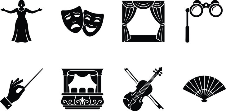 Opera and theater performance icons set featuring tragicomedy masks, stage curtains, orchestra conductor, violin, and opera glasses