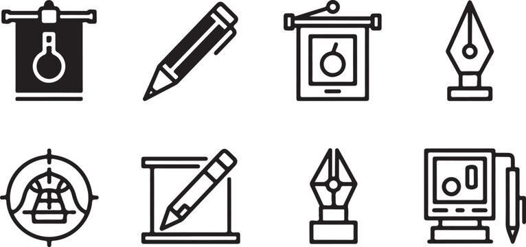 Set of eight creative drawing tools icons
