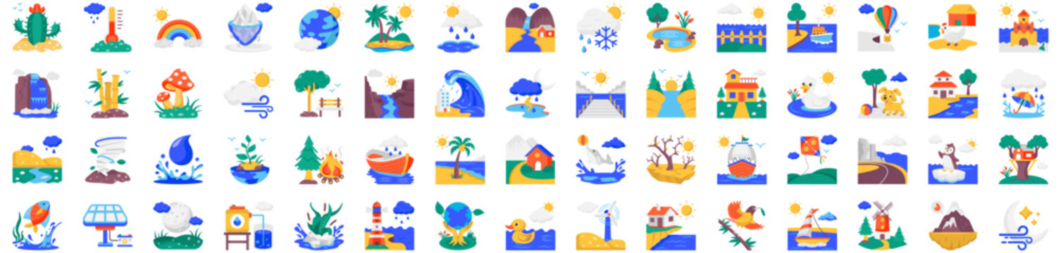 Nature concept flat style icons available for instant download. Editable stroke vectors.