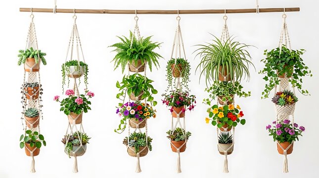 Various potted plants in macrame hangers suspended from a wooden rod creating a beautiful vertical garden display