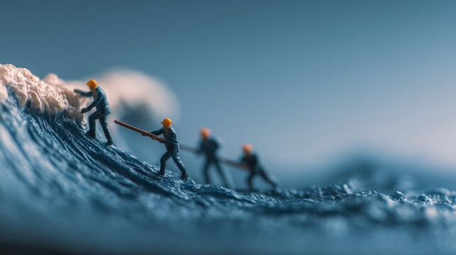 A creative miniature scene depicting tiny figures struggling against a wave, illustrating determination and teamwork in a captivating and artistic way.