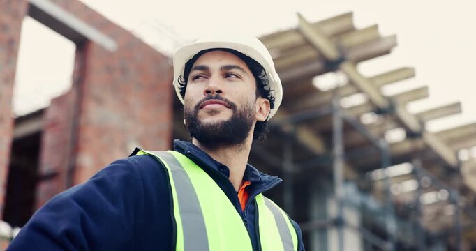Construction, man and smile with site inspection for compliance, progress and building approval. Architect, happy person and property evaluation for structural integrity, quality control and safety