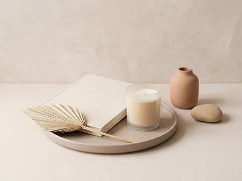 Minimalist still life arrangement with natural skincare products on neutral tray in soft lighting