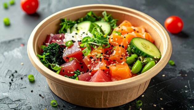 Fresh poke bowl inside modern takeaway container, colorful ingredients, realistic food styling, healthy food advertising
