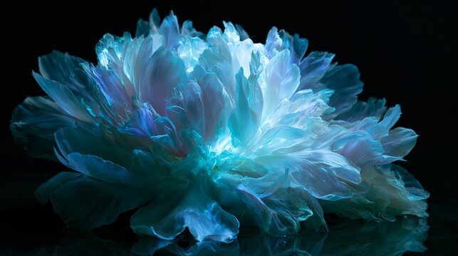 bioluminescent deep sea flower glowing in surreal dark underwater atmosphere