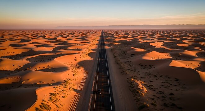 Desert highway road at sunset aerial.