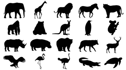 Black and white animal silhouette icons set isolated on transparent background, Vector © Riyadkingline