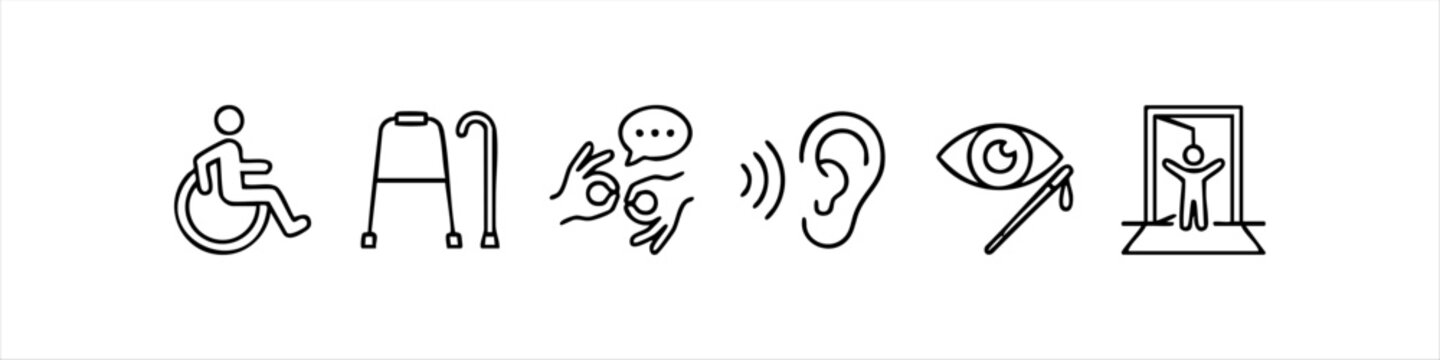 Set of minimal line icons representing various types of disabilities and accessibility aids, including wheelchair, walker, sign language, hearing, and visual impairment symbols.