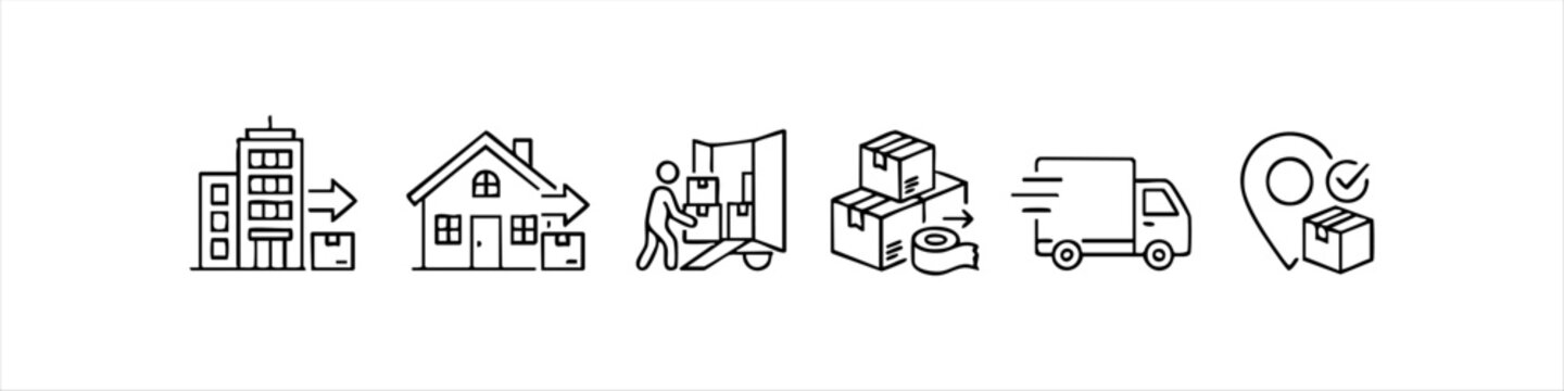 Set of minimalist vector line icons for relocation and moving services. Includes office and home move, packing, loading truck, delivery, and shipment tracking concepts.