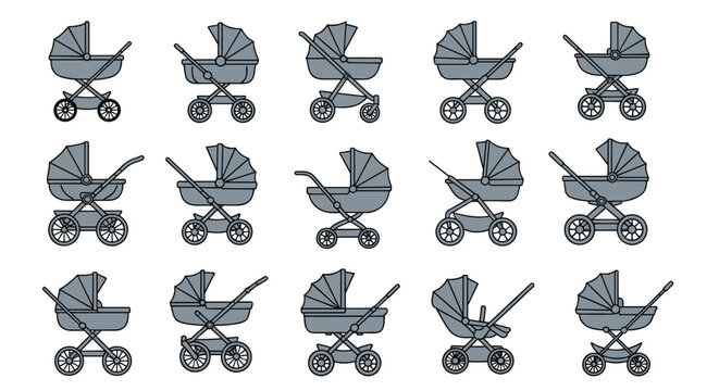 Collection of modern baby stroller and pram designs in a consistent gray color palette shows various models for infant transport options.