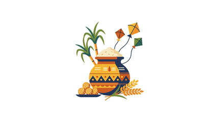 Pongal Festival Celebration: Pot, Sugarcane, Rice, Kite Flying, Traditional Food © bima