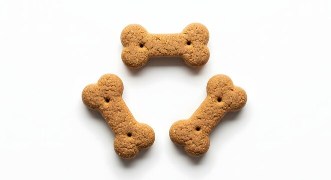 Three brown dog bone shaped biscuits on white background isolated on white background dog bone shaped biscuits