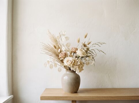 Minimalist floral arrangement in neutral vase on wooden shelf against soft light background