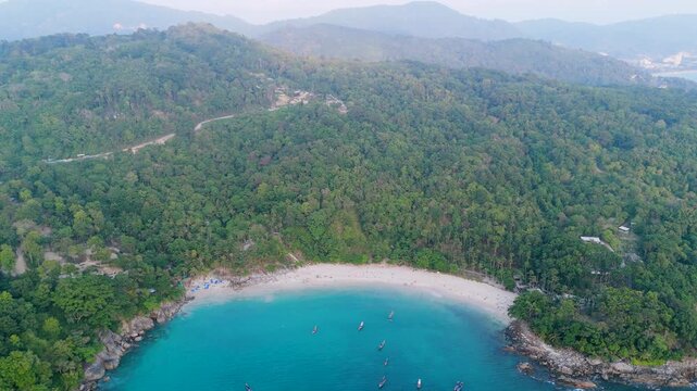 Aerial Phuket bay serene turquoise water, lush jungle. Perfect for vacation Freedom coral reef exploration