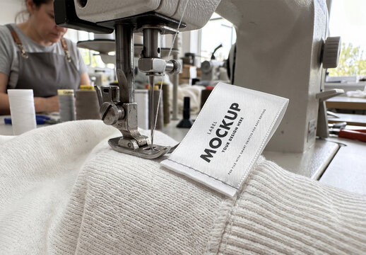 Woven Clothing Label Mockup Close Up on Sewing Machine