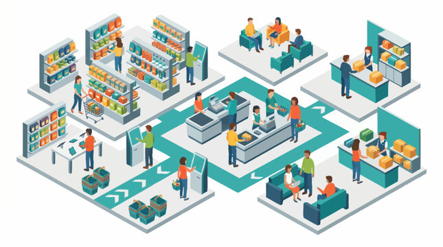 Isometric illustration of people shopping in a modern supermarket.