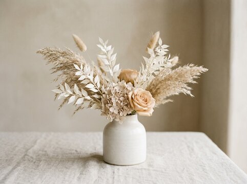 Minimalist dried flower bouquet in white vase on neutral tabletop with soft natural lighting