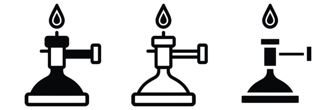 Bunsen burner icons in black and white for science and laboratory use