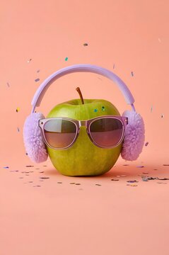Bright green apple wearing purple headphones and sparkling sunglasses on pastel pink backdrop with headphones sunglasses confetti creative whimsical listening accessory background vitamins