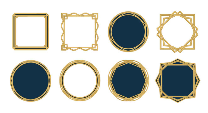 Collection of luxury golden frames and borders in circular square and geometric shapes for decorative graphic design.