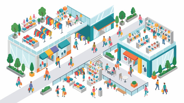 Isometric Shopping Mall With Many People Walking Around.