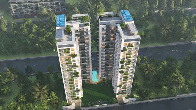 Modern apartment buildings with pools and green spaces
