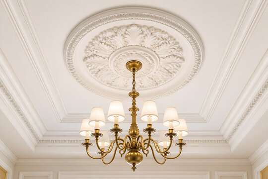 An ornate brass chandelier hangs from a detailed, vaulted ceiling in an elegant interior room.