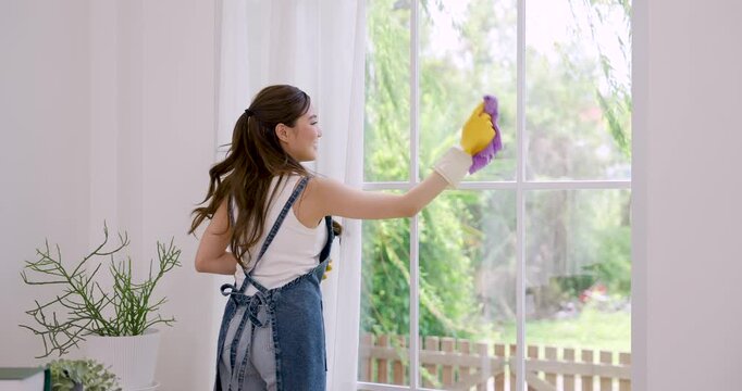 Young Asian woman reaches up near window, slowly wipes glass with microfiber cloth, holds spray bottle, enjoys home cleaning routine in bright apartment, creating neat cozy weekend living space