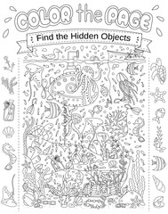 Fototapeta premium Coloring Page With Hidden Objects In The Underwater World