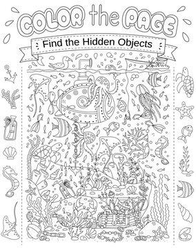 Coloring Page With Hidden Objects In The Underwater World