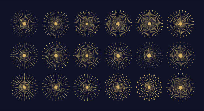Set of eighteen gold firework bursts isolated on dark blue background vector graphic design element Mid-Autumn Festival