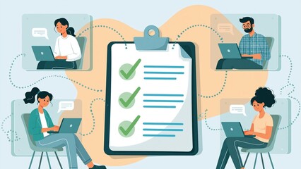 Naklejka na ściany i meble Online assessment with checklist and remote students in video calls