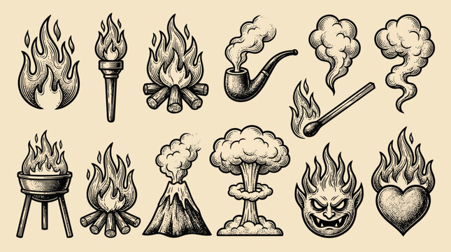 Vintage hand drawn engraved set of fire flames, torch, bonfire, smoke pipe and volcano on beige background, representing retro graphic elements, provides creative assets for tattoo art