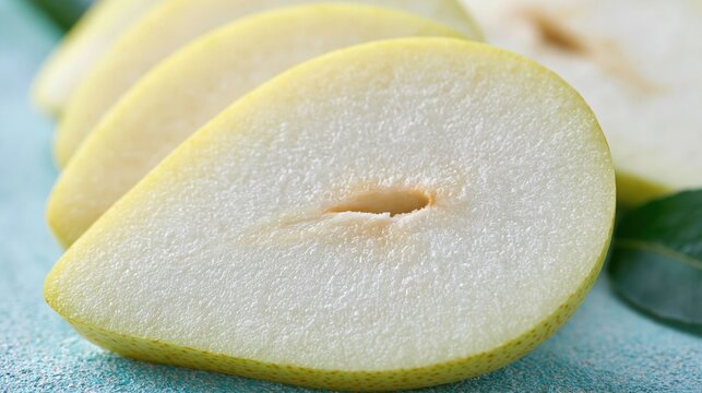 Sliced pear halves arranged on textured surface with blue background