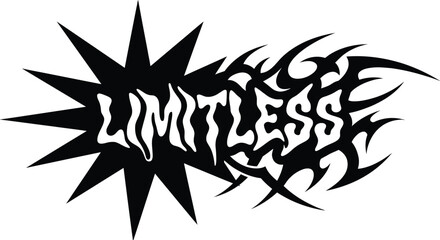 Obraz premium Limitless vector typography design in Y2K style. Neo tribal cyberpunk logo with starburst and spiky gothic elements isolated on white background.