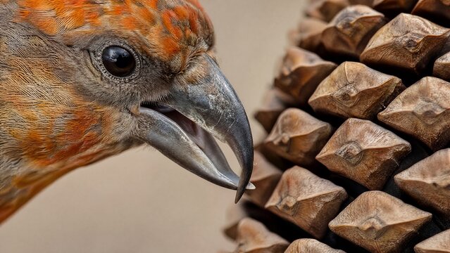 Extreme close-up of a bird's crossed beak against a pinecone's scales.