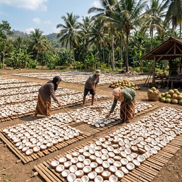 Indonesian farmers traditionally sun-drying coconut halves on bamboo racks for copra production in a lush tropical palm tree plantation landscape