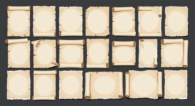 Large set of ancient parchment paper scrolls and torn sheets with weathered texture arranged on a dark background.