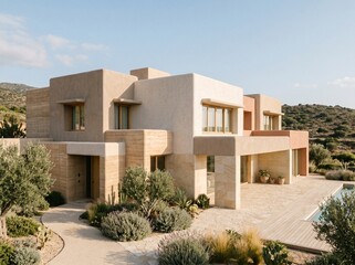 Fototapeta premium Modern Desert Home with Minimalist Architecture and Scenic Mountain Views in Natural Light