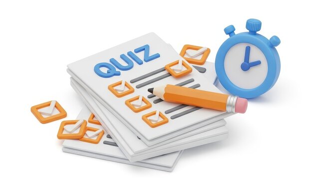3D Illustration of Quiz Test Paper with Pencil and Stopwatch Timer for Education and Examination Concept