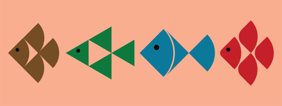 Modern collection of colorful geometric fish icons created with simple shapes and clean lines. Featuring multiple stylized fish designs, minimalist, and playful composition. This vector illustration i