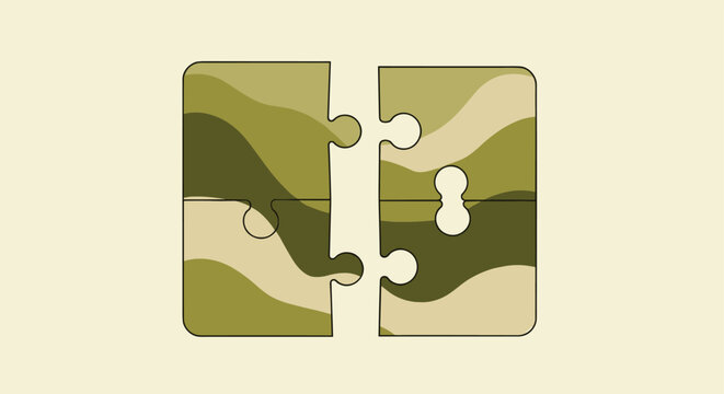 Two jigsaw puzzle pieces with a green and brown camouflage pattern being connected on a light background.